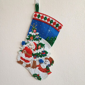 FINISHED Bucilla Felt Christmas Stocking Handmade Pick A Tree Santa Claus